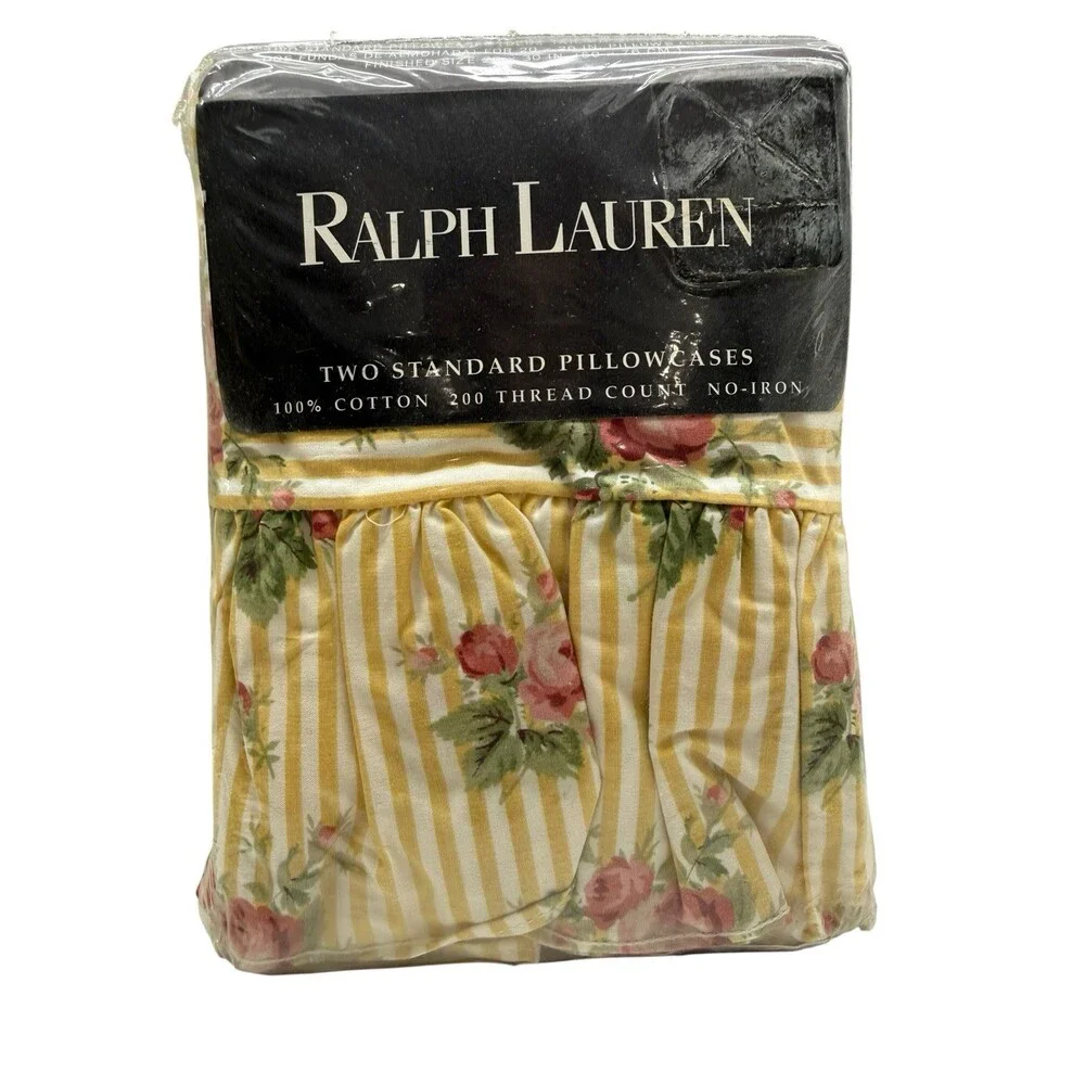 VTG Pair RALPH LAUREN Sophie STANDARD PILLOWCASES Brooke Striped FLORAL YELLOW